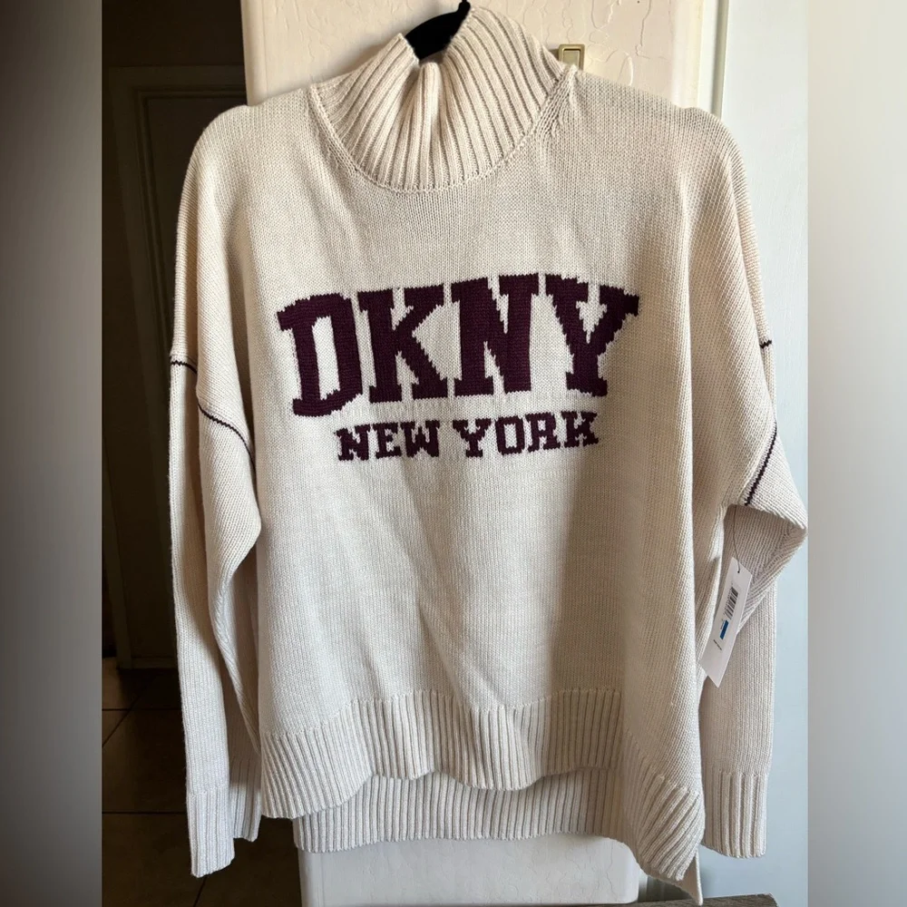 NWT DKNY Women's Cream Turtleneck Sweater with burgundy lettering, Size XL - Picture 5 of 7